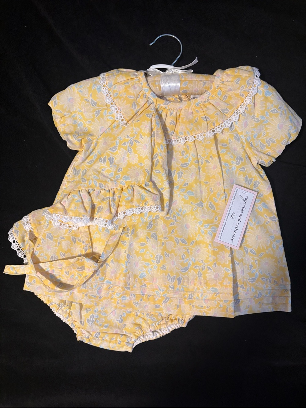 cupcakes & cashmere Yellow Floral Dress with Matching Bloomers and Bonnet
